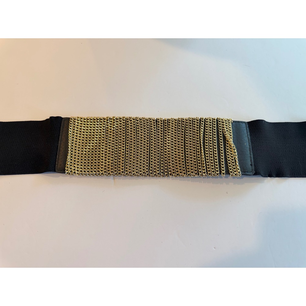 Womens Wide Black Elastic‎ Cinch Belt Gold Multi Row Chain Link Waist Belt Snap